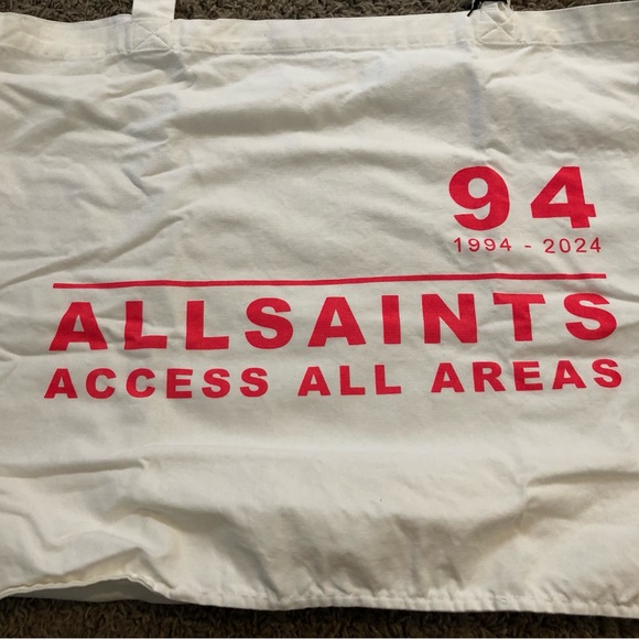 ALLSAINTS Access All Areas Tote in White & Neon Pink canvas tote bag - Picture 2 of 5